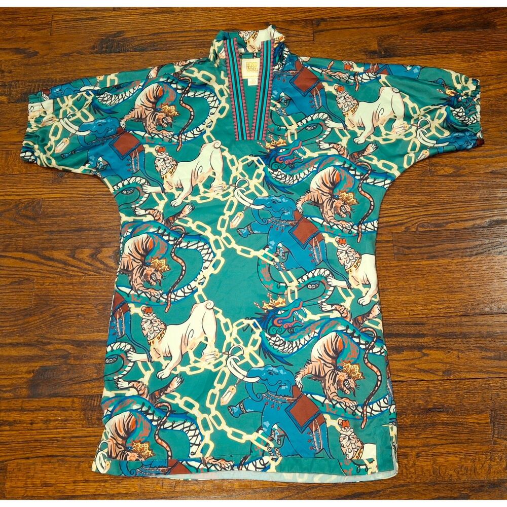Emily McCarthy Green Elephant Tiger Print V-Neck Top Womens XS